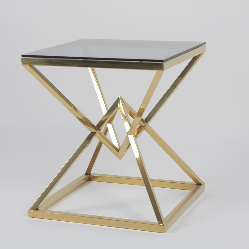Hotel Side Table With Golden Polished SS Finish & Tempered Glass Top