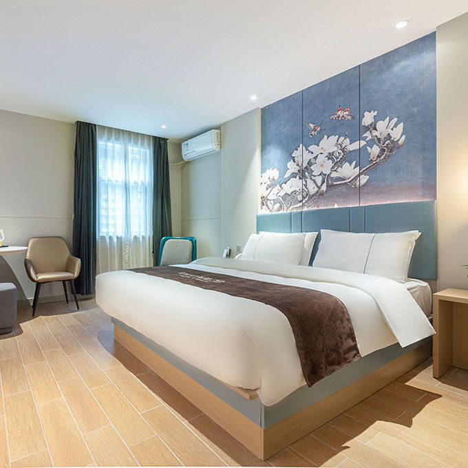 Het Meubilair van de het Hotelslaapkamer van de eenspersoonsbedluxe met Stevige Houten Donkere Geel eindigt 0